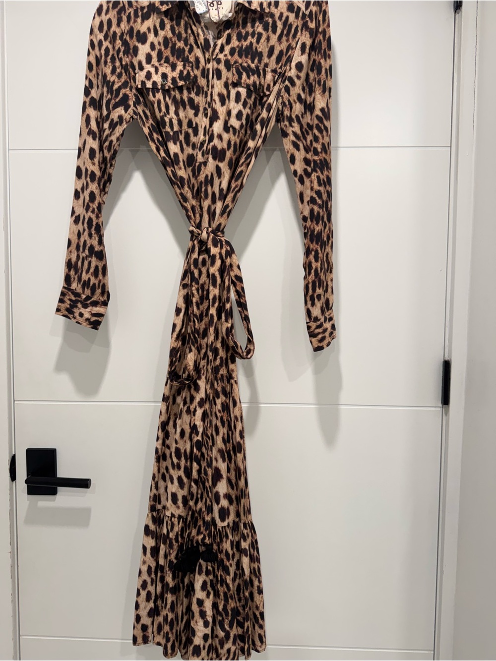 Figure Leopard-Print Long Sleeve Maxi Dress with Tie Waist - Brown